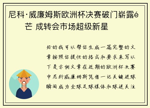 尼科·威廉姆斯欧洲杯决赛破门崭露锋芒 成转会市场超级新星