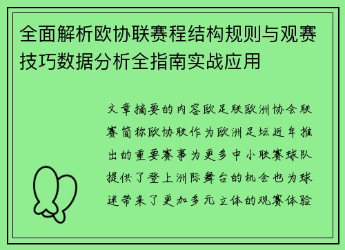全面解析欧协联赛程结构规则与观赛技巧数据分析全指南实战应用